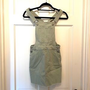 Lane tree sage green denim skirt overalls size small, adjustable straps, raw hem